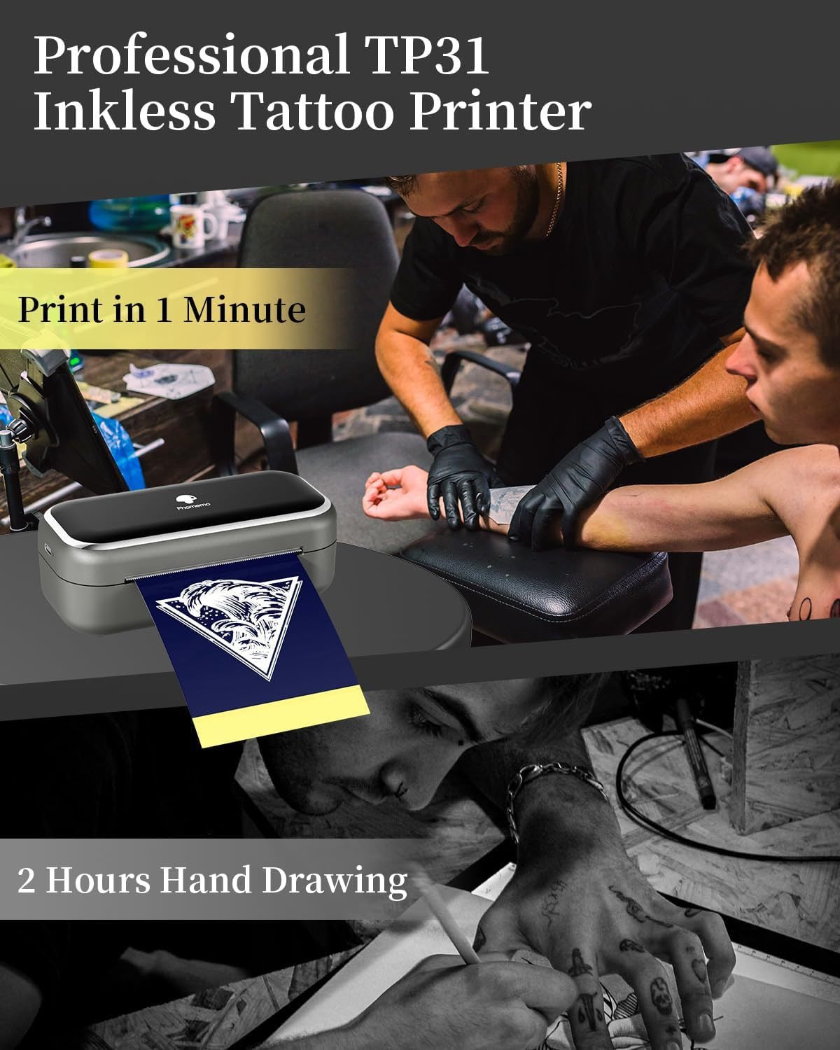 Audersigt PHOMEMO TP31 Tattoo Stencil Pocket Tattoo Printer Machine Bluetooth Wireless Printer
