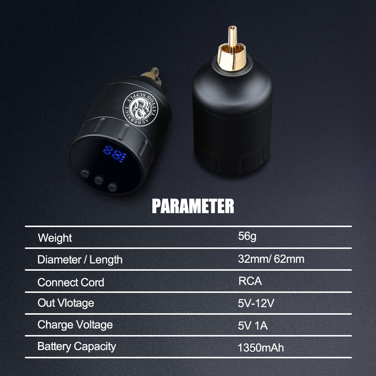 Audersigt 1350mAh Wireless Tattoo Power Supply Tattoo Pen Battery RCA Interface for Body Art Tattoo Machine