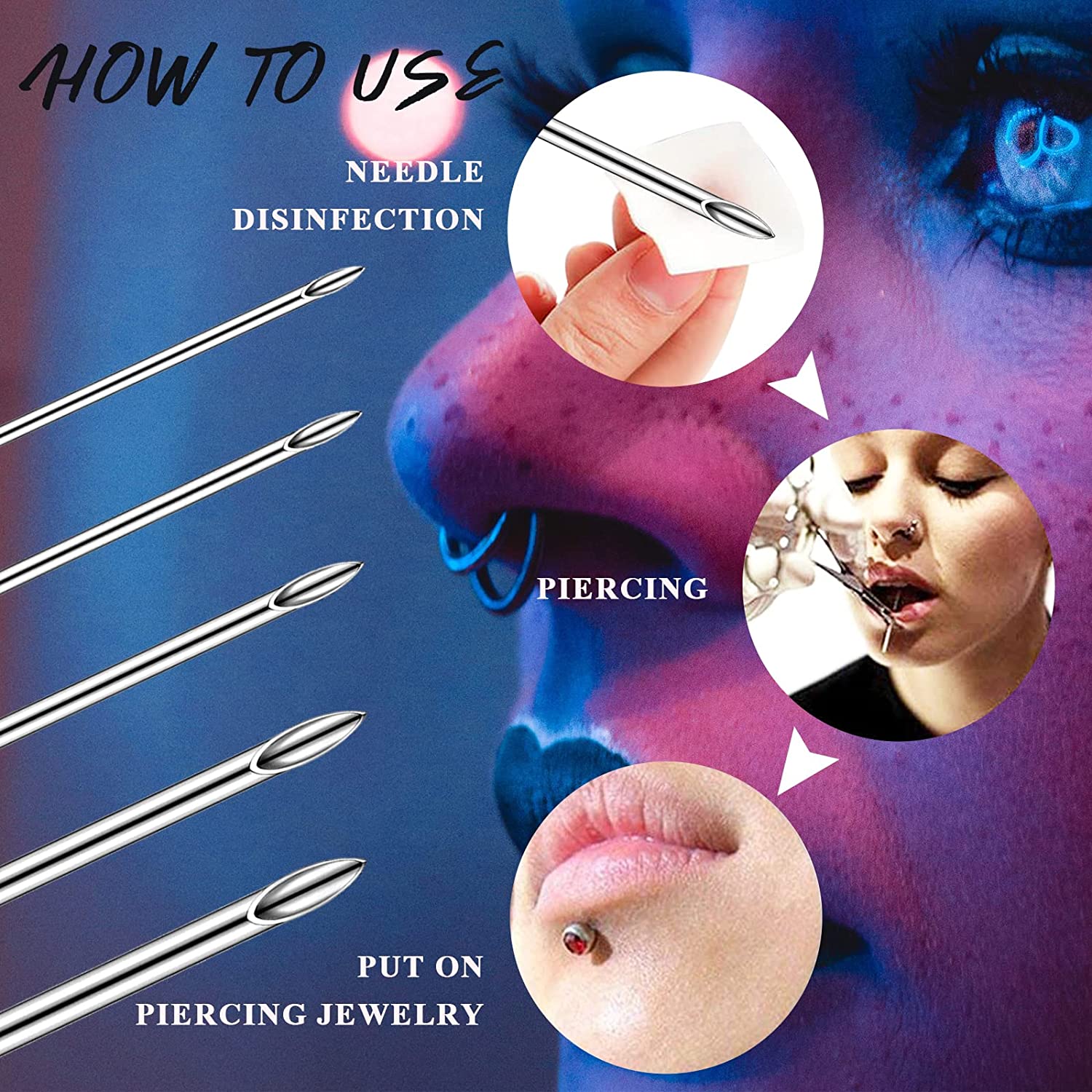 Audersigt 100PCS Piercing Needles Surgical Steel Disposable Body Piercing Needles E.O.Gas Sterilized Tattoo Needle