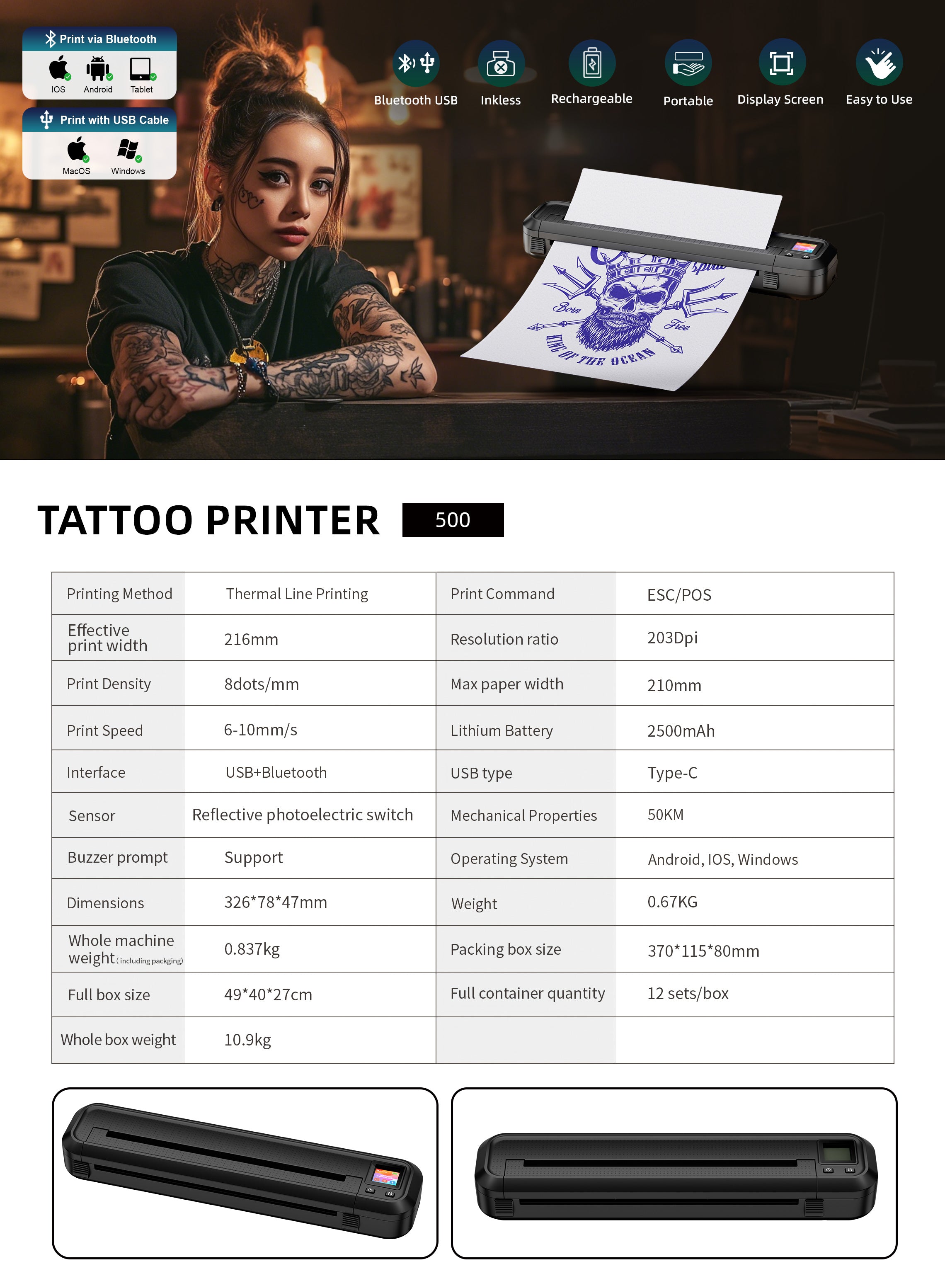 Audersigt MHT500 Digital display Tattoo Printer Thermal Pattern Machine Printable Shaded Image Bluetooth Wireless Printer