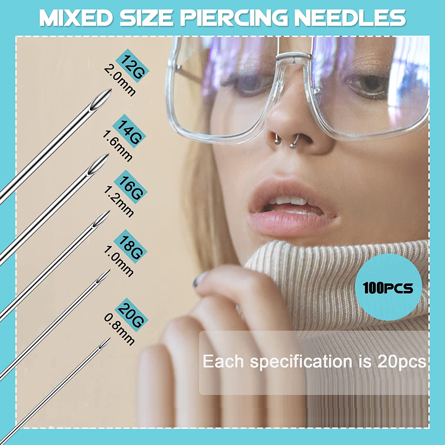 Audersigt 100PCS Disposable Sterile Body Piercing Needles Stainless Steel for Ear Nose Belly Tongue Eyebrow Piercer Tools