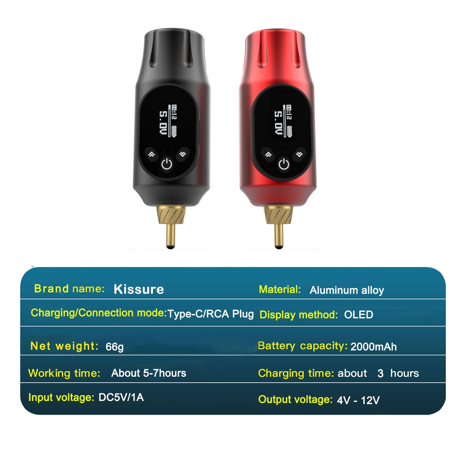 Audersigt Mini Wireless Tattoo Power Supply OLED Display Tattoo Kit with RCA Connect 2000mAh Battery