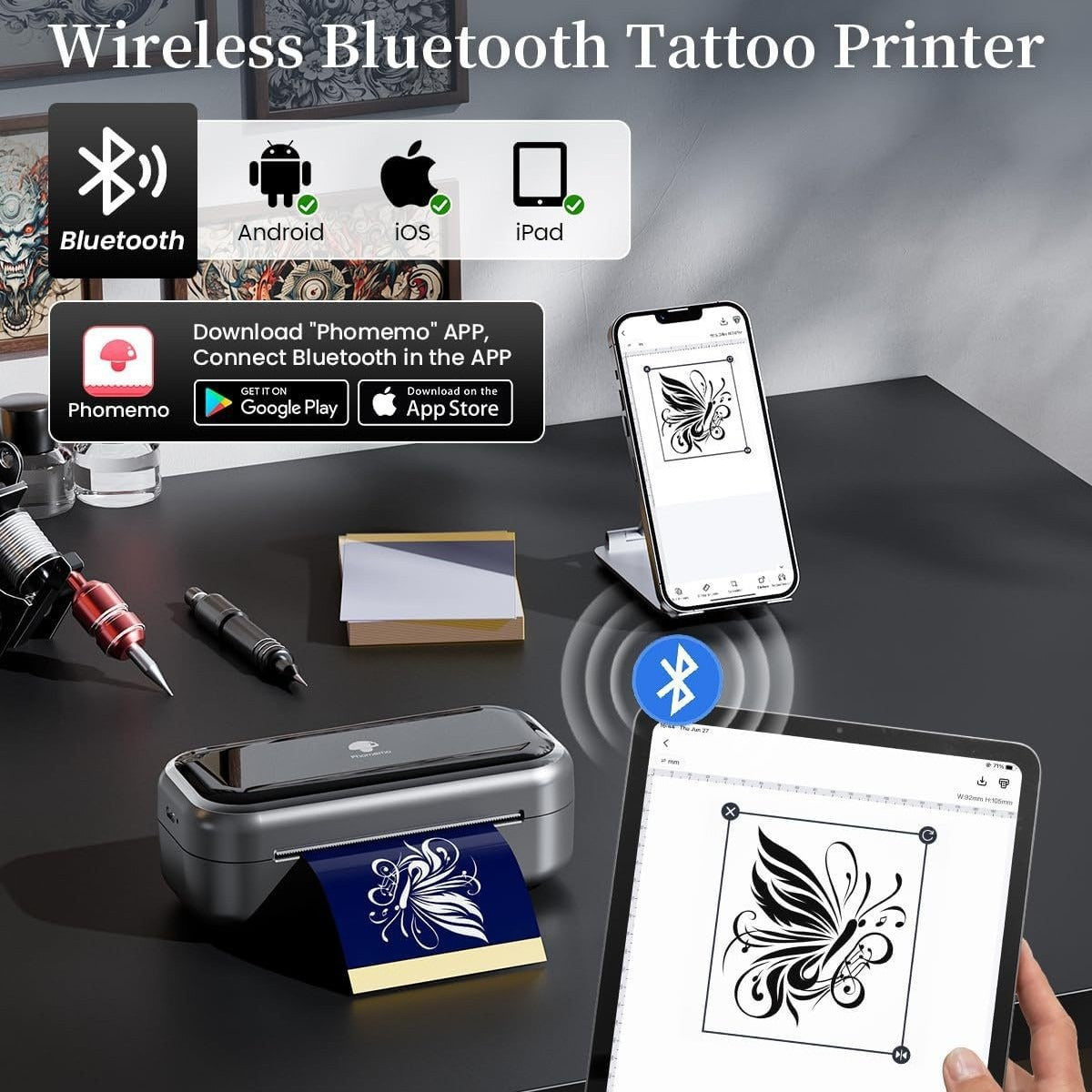 Audersigt PHOMEMO TP31 Tattoo Stencil Pocket Tattoo Printer Machine Bluetooth Wireless Printer