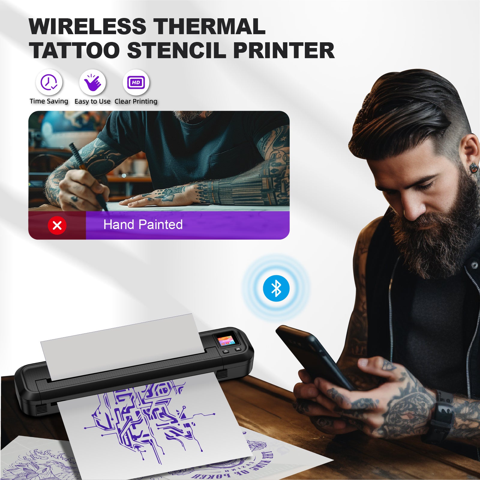 Audersigt MHT500 Digital display Tattoo Printer Thermal Pattern Machine Printable Shaded Image Bluetooth Wireless Printer