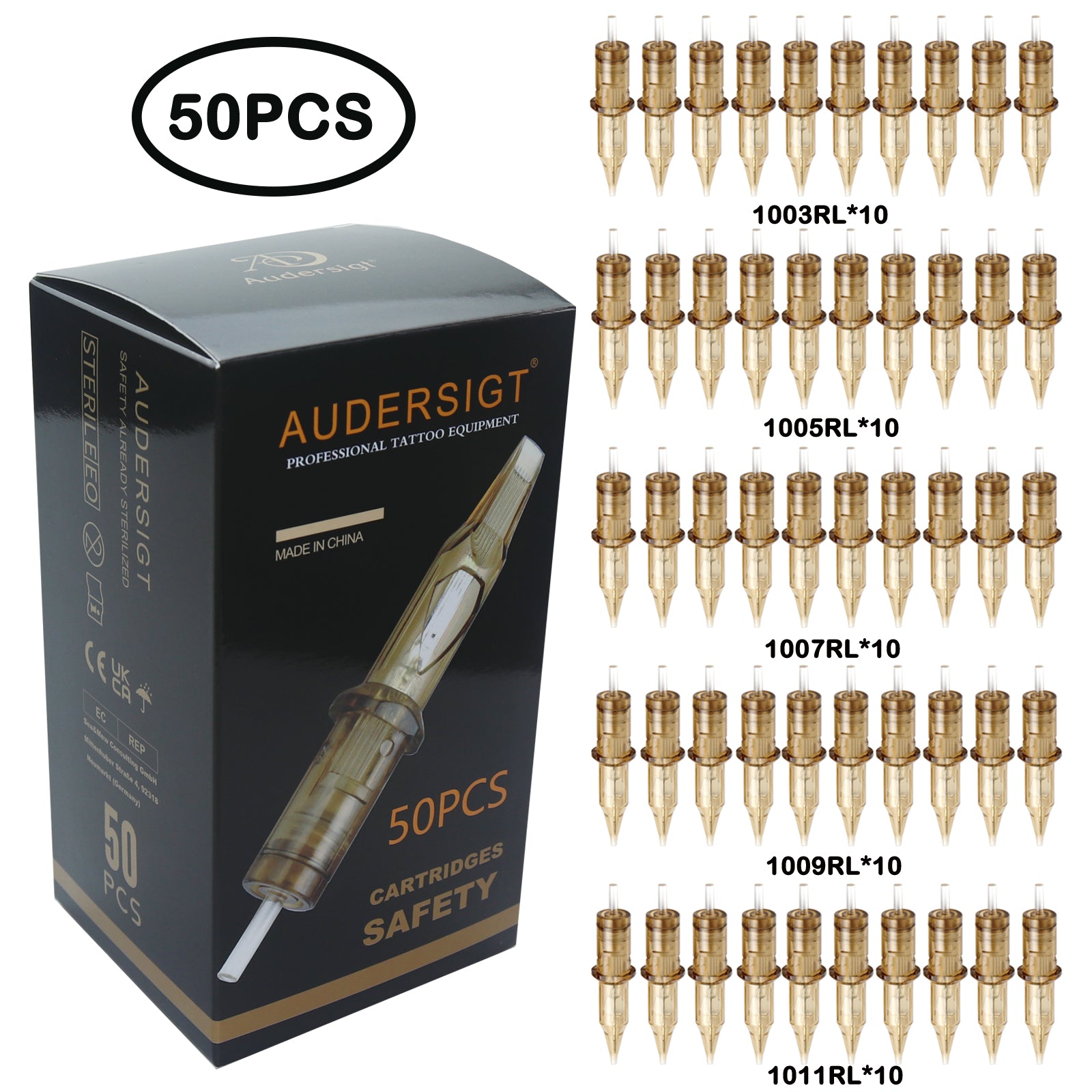 Audersigt® 50PCS Mixed Size Tattoo Cartridge Needles Round Liner,Round Shader,Magnum