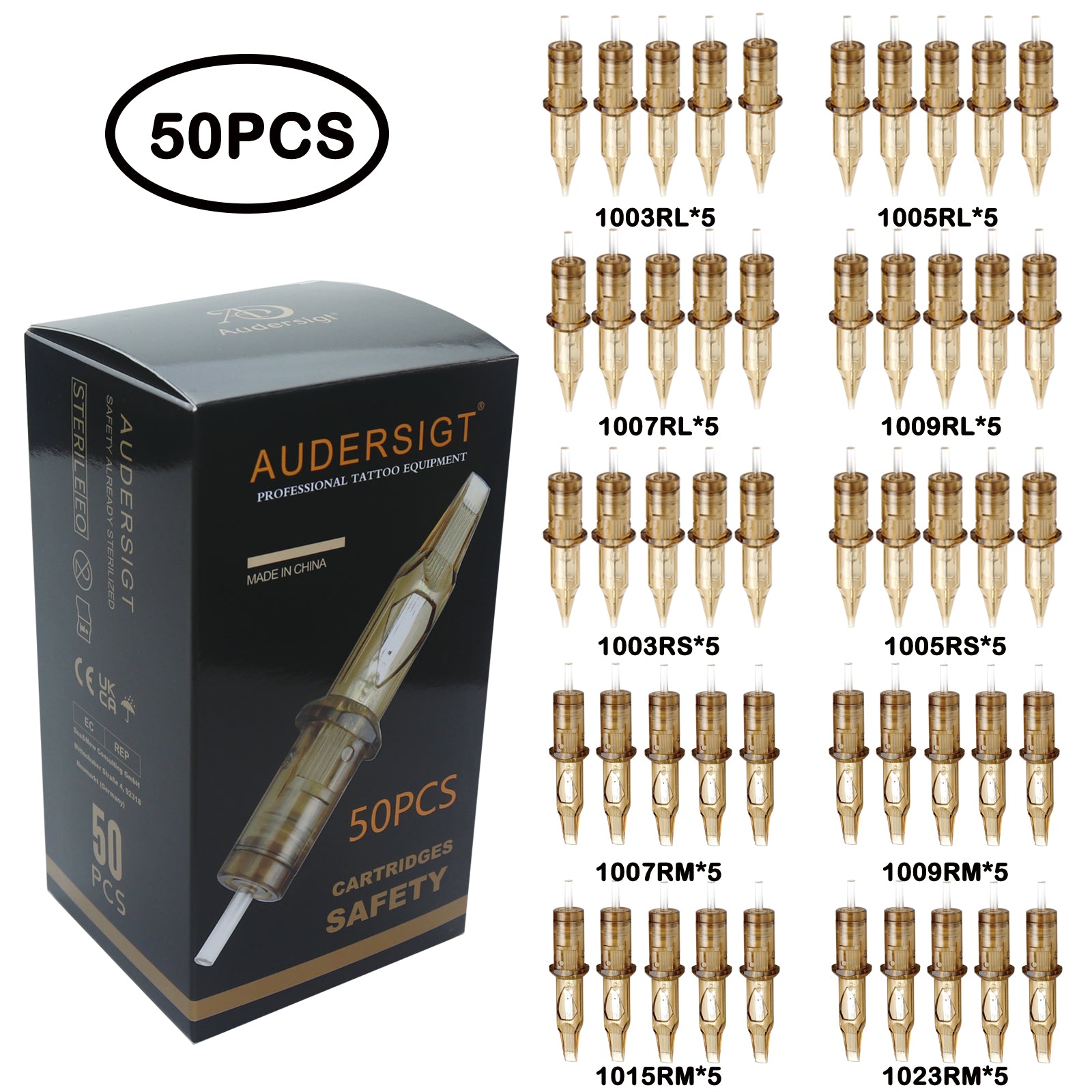 Audersigt® 50PCS Mixed Size Tattoo Cartridge Needles Round Liner,Round Shader,Magnum