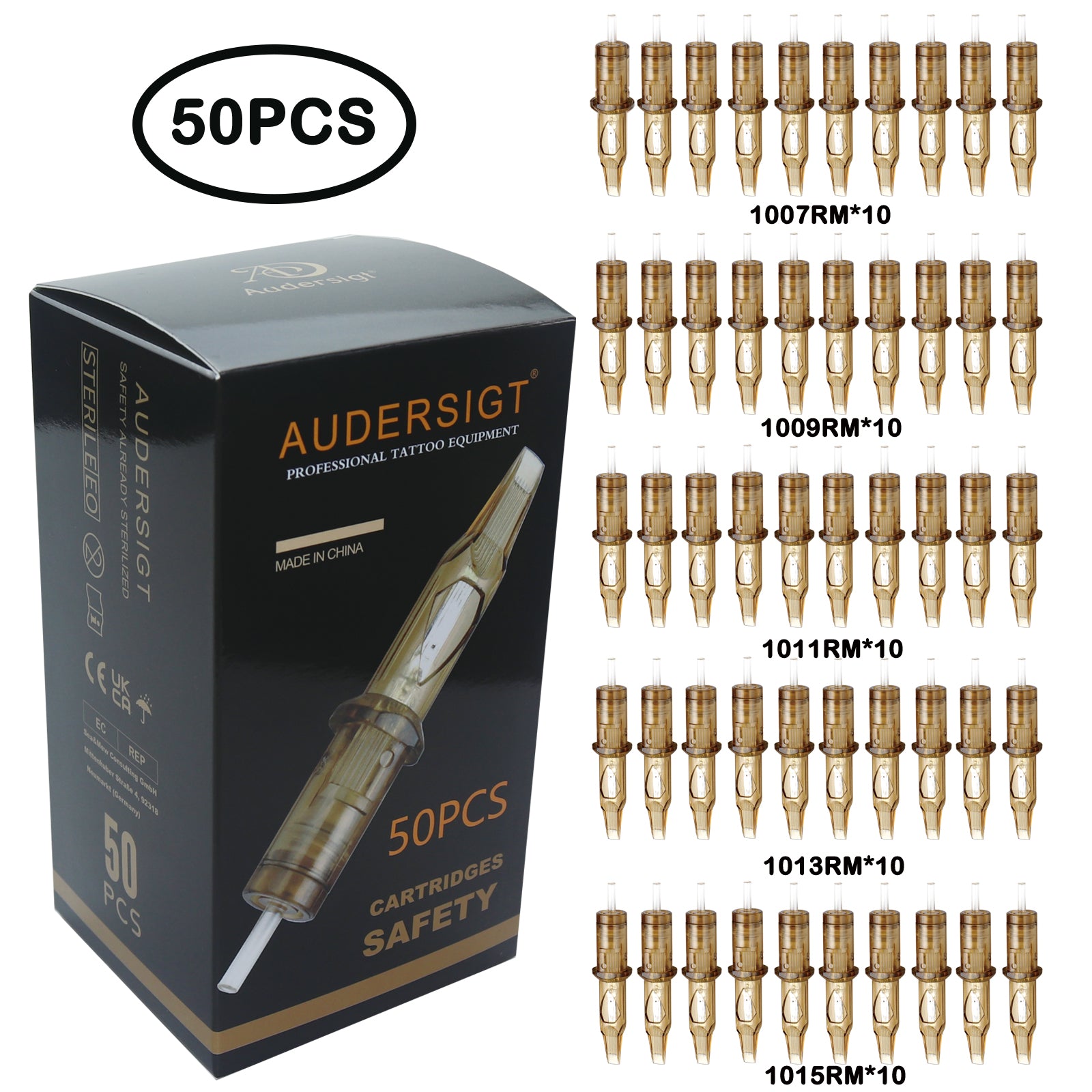 Audersigt® 50PCS Mixed Size Tattoo Cartridge Needles Round Liner,Round Shader,Magnum