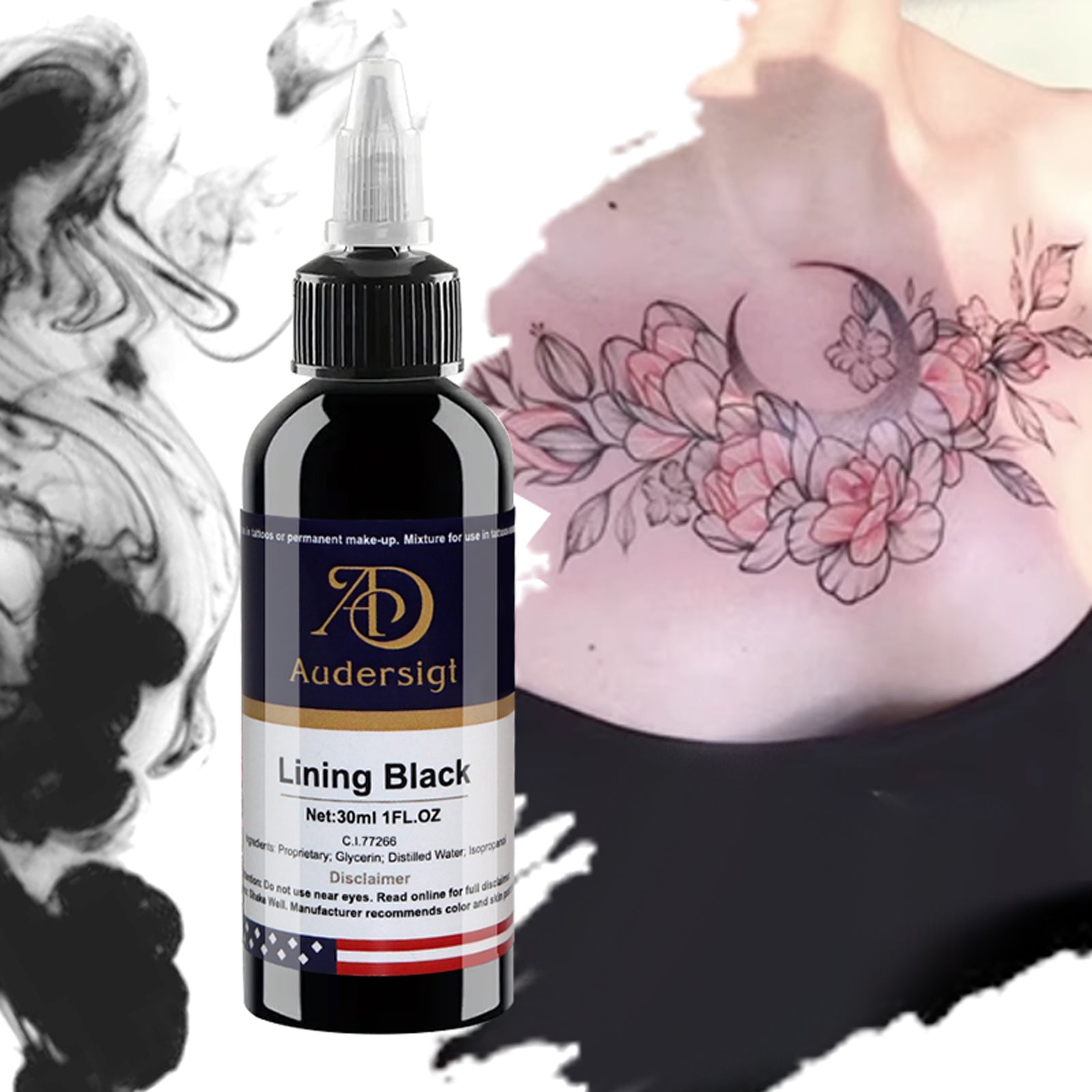 Audersigt 1.01 OZ Black Permanent Tattoo Ink, Professional Tattoo Pigment, Professional Body Art Supply