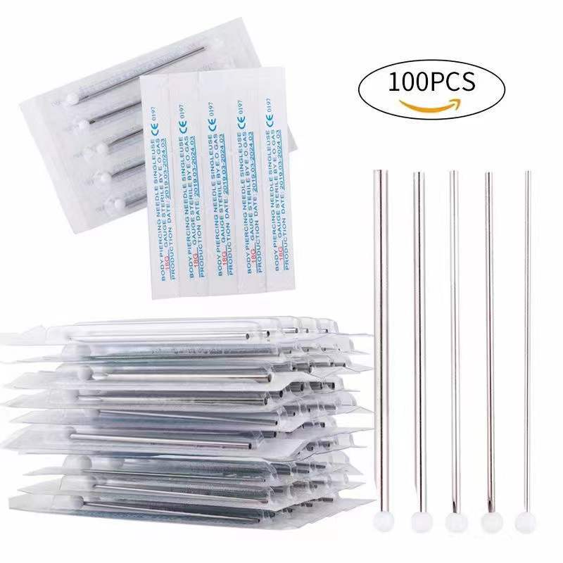 Audersigt 100PCS Disposable Sterile Body Piercing Needles Stainless Steel for Ear Nose Belly Tongue Eyebrow Piercer Tools