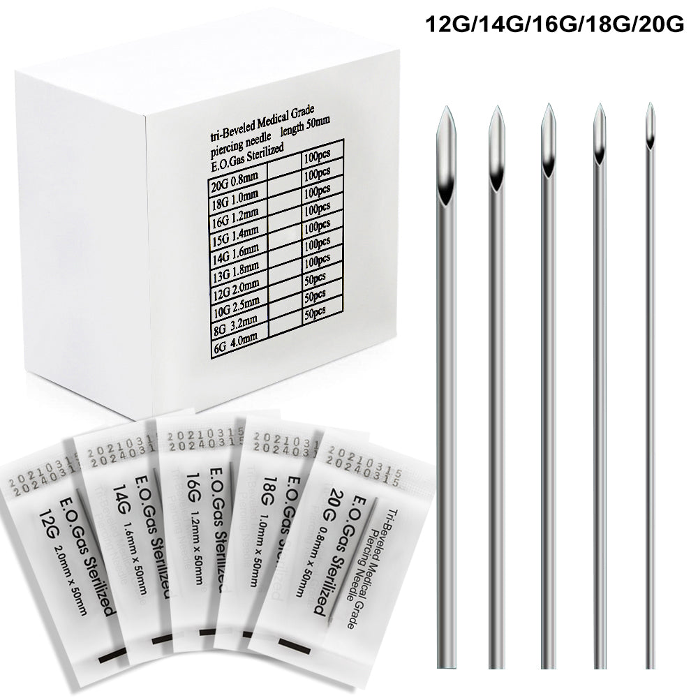 Audersigt 100PCS Piercing Needles Surgical Steel Disposable Body Piercing Needles E.O.Gas Sterilized Tattoo Needle