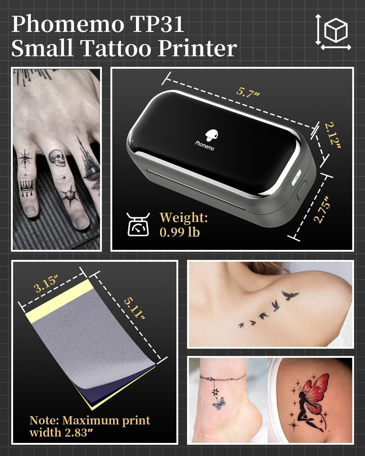 Audersigt PHOMEMO TP31 Tattoo Stencil Pocket Tattoo Printer Machine Bluetooth Wireless Printer