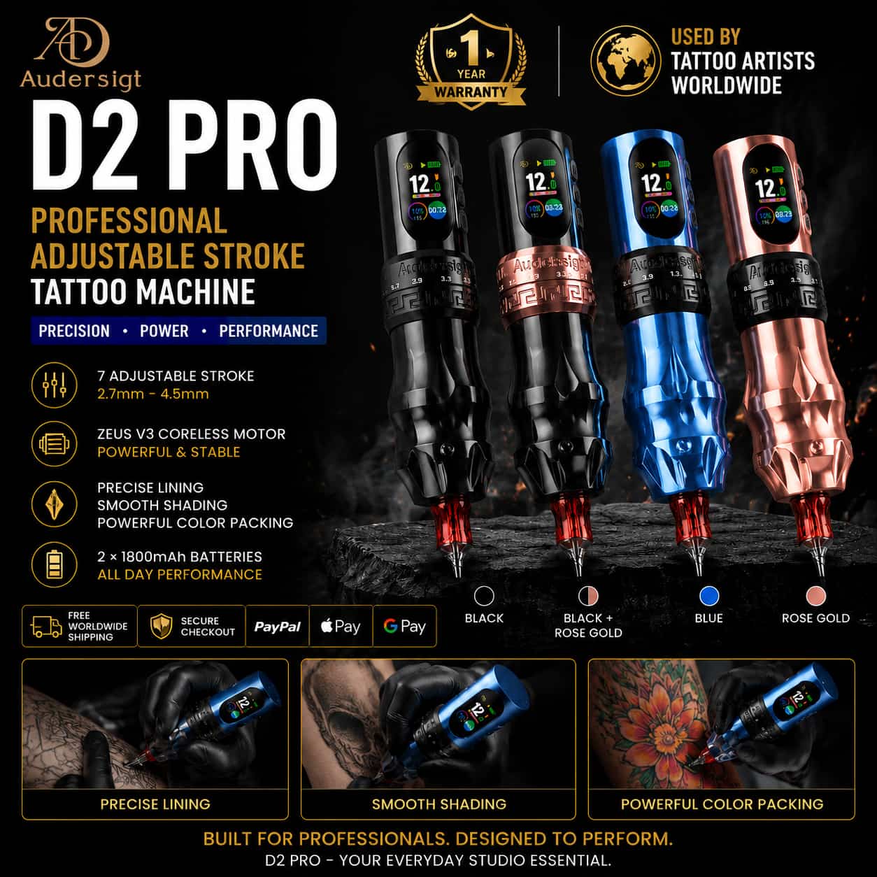 D2 Pro Adjustable Stroke Wireless Tattoo Pen Machine