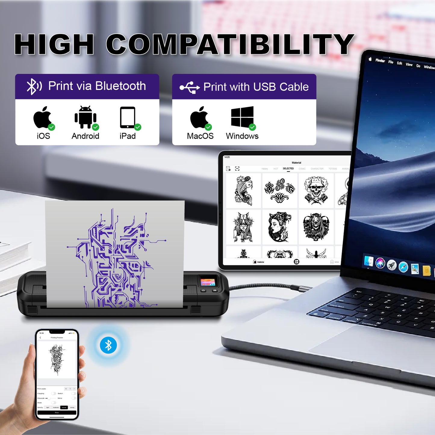 Audersigt MHT500 Digital display Tattoo Printer Thermal Pattern Machine Printable Shaded Image Bluetooth Wireless Printer