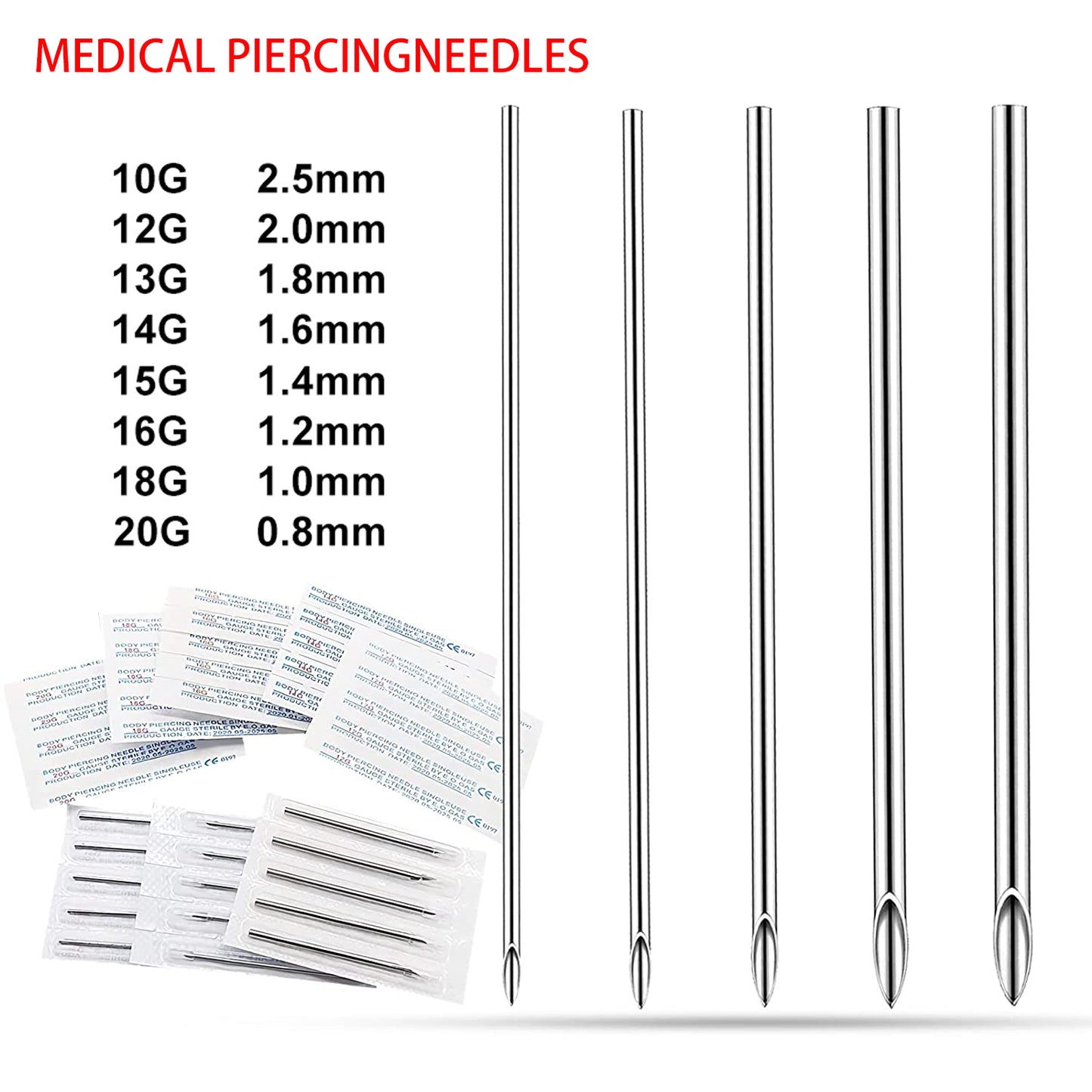 Audersigt 100PCS Disposable Sterile Body Piercing Needles Stainless Steel for Ear Nose Belly Tongue Eyebrow Piercer Tools
