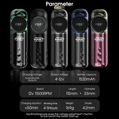 Máquina de tatuaje inalámbrica de carga ultrarrápida Mast Archer S con pedal Bluetooth y motor sin escobillas Mcore, bolígrafo con batería