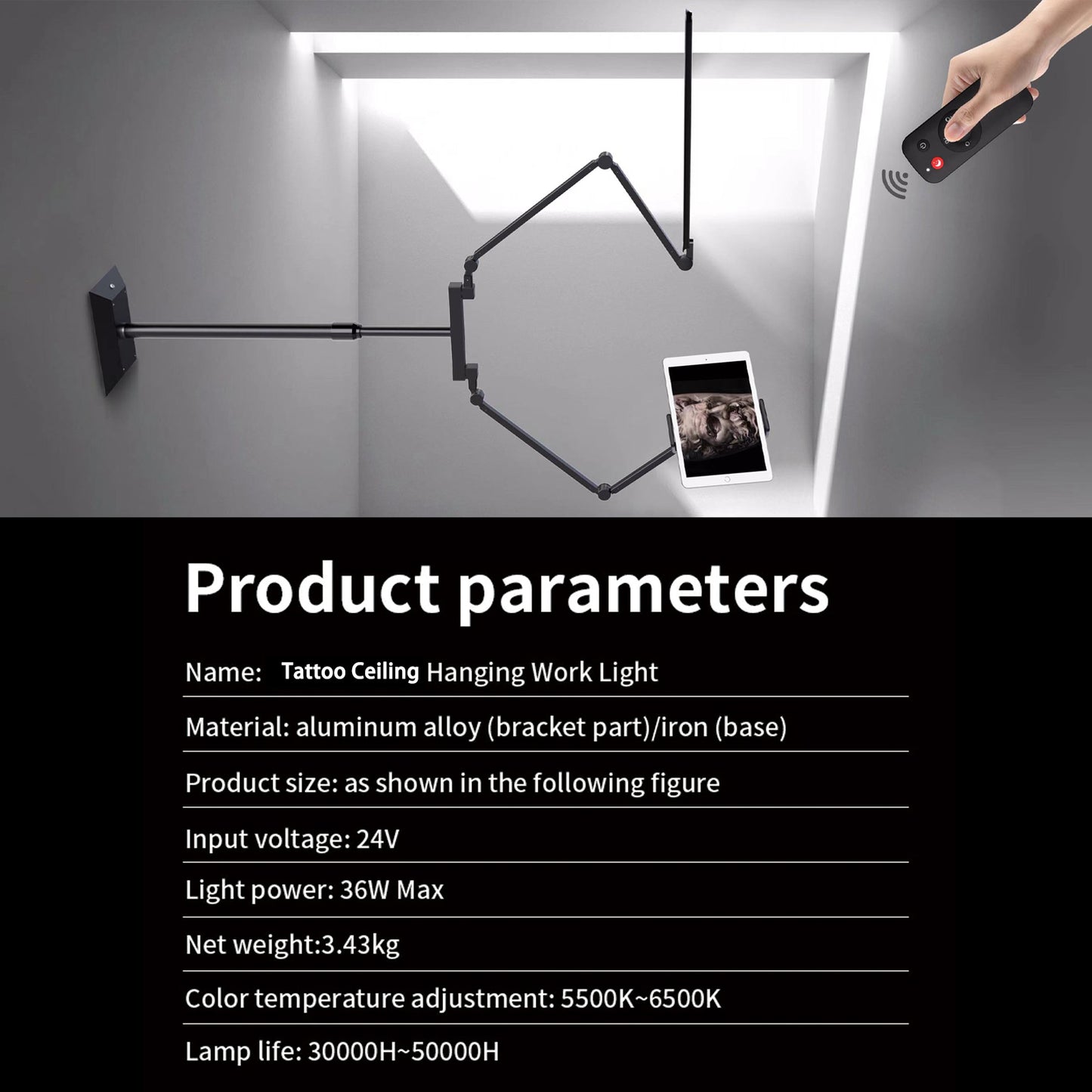 Audersigt Multifunction Ceiling Tattoo Work Light Aluminum Alloy Shadowless Light Remote Control Lamp Brightness 360 Degree Rotation