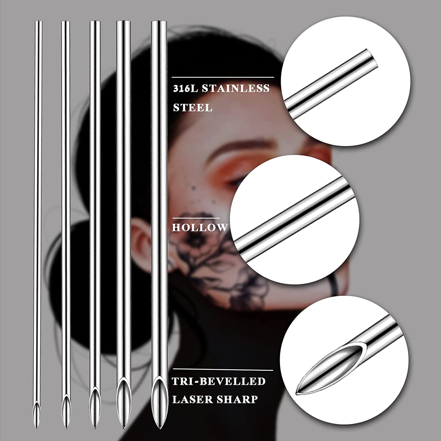 Audersigt 100PCS Piercing Needles Surgical Steel Disposable Body Piercing Needles E.O.Gas Sterilized Tattoo Needle