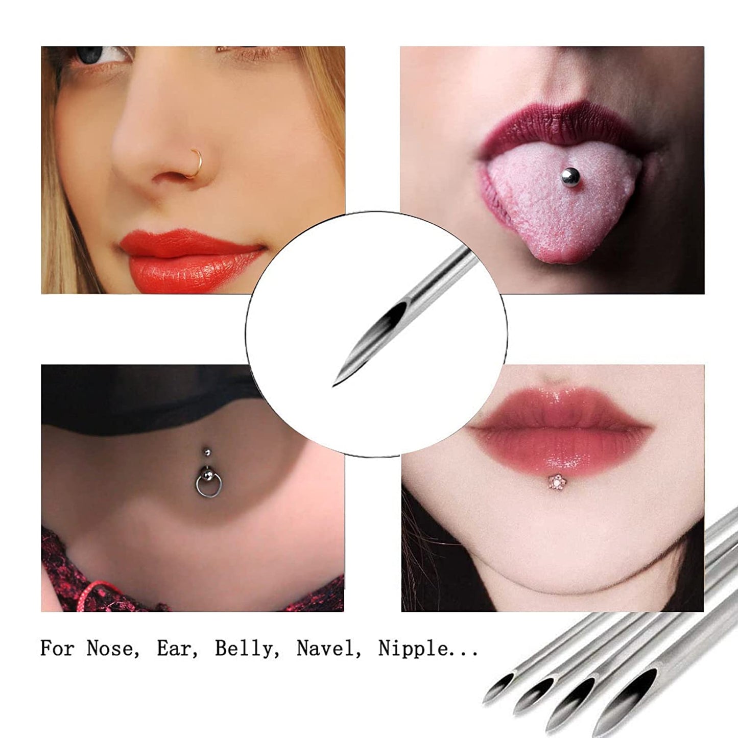 Audersigt 100PCS Disposable Sterile Body Piercing Needles Stainless Steel for Ear Nose Belly Tongue Eyebrow Piercer Tools