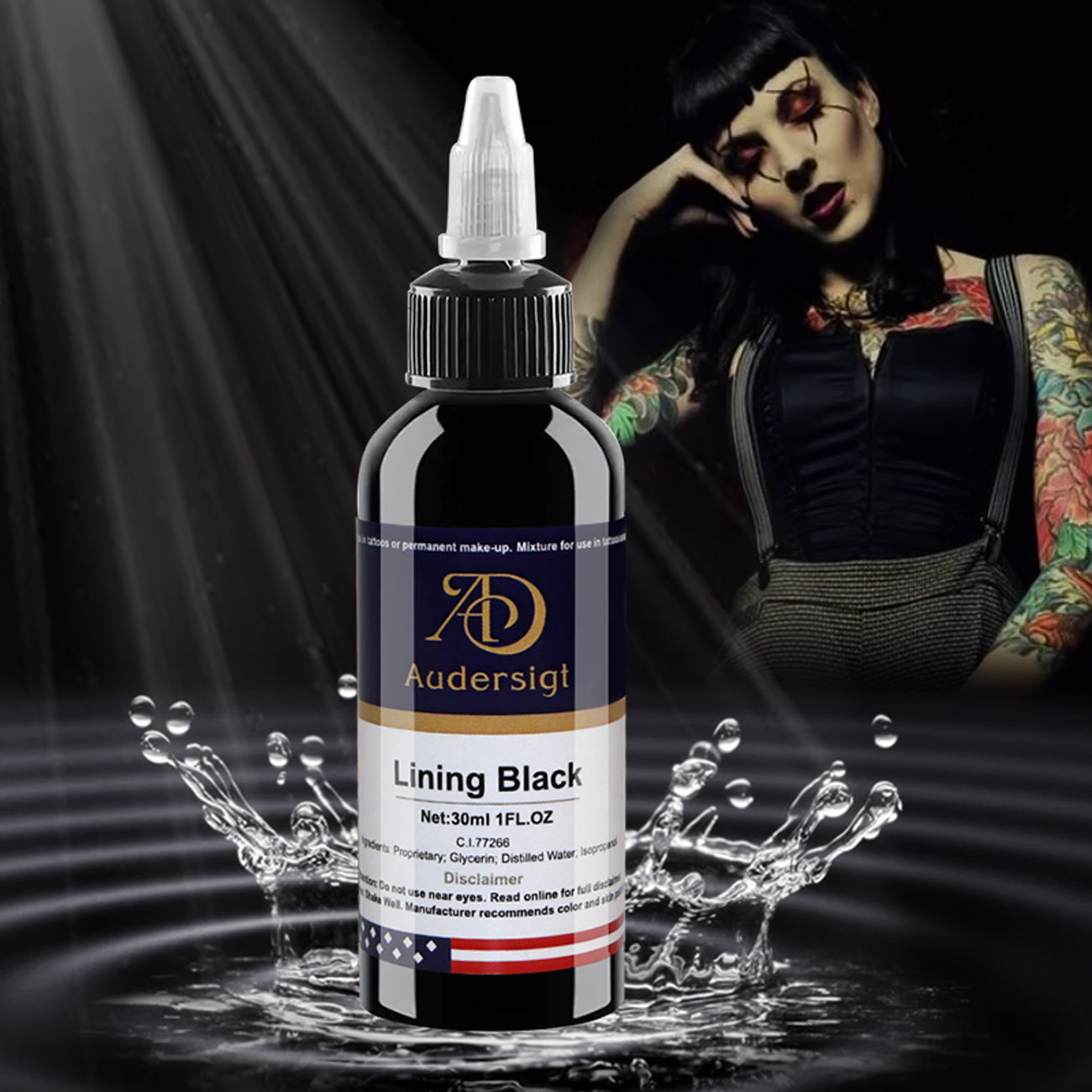 Audersigt 1.01 OZ Black Permanent Tattoo Ink, Professional Tattoo Pigment, Professional Body Art Supply