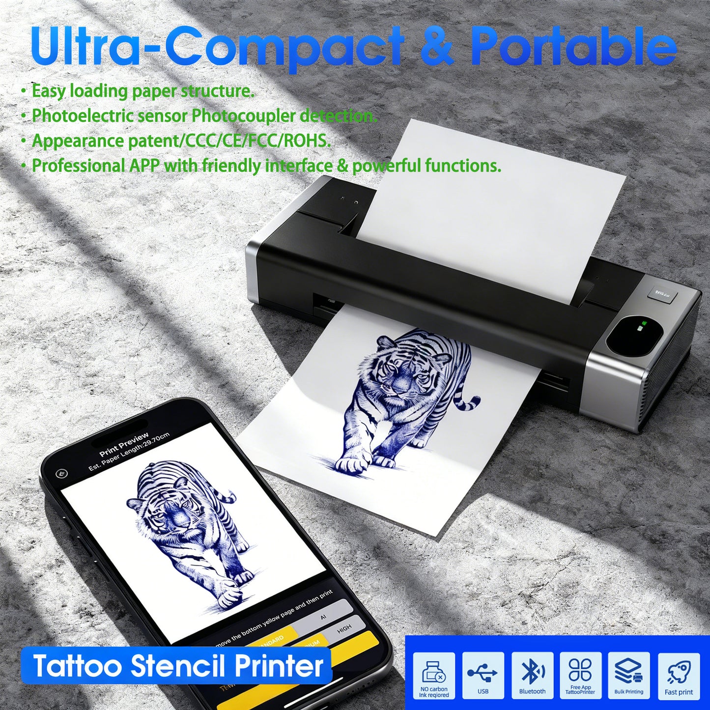 Audersigt M6 Mini Bluetooth Wireless Thermal Tattoo Stencil Printer Suitable for Small Tattoo Designs