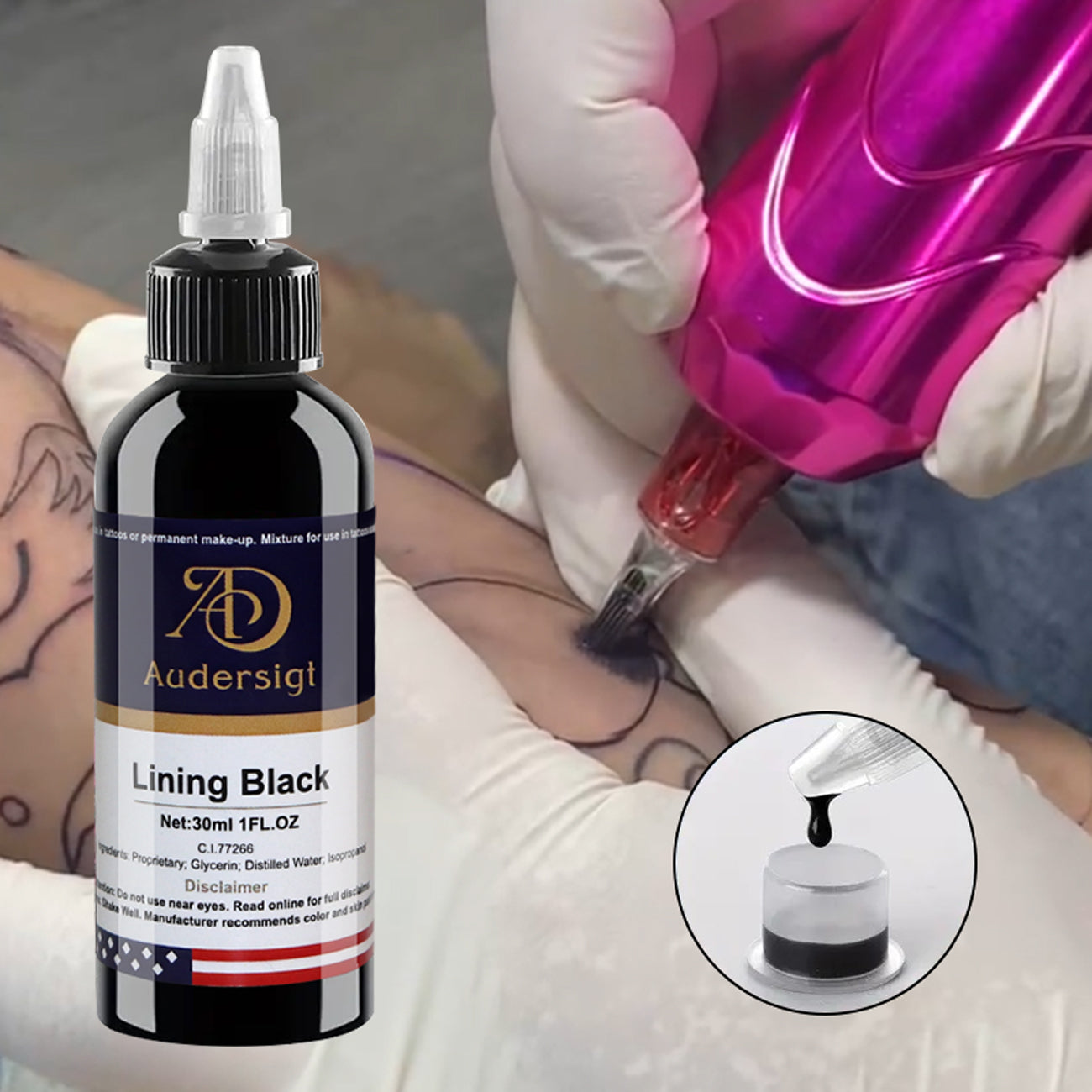 Audersigt 1.01 OZ Black Permanent Tattoo Ink, Professional Tattoo Pigment, Professional Body Art Supply