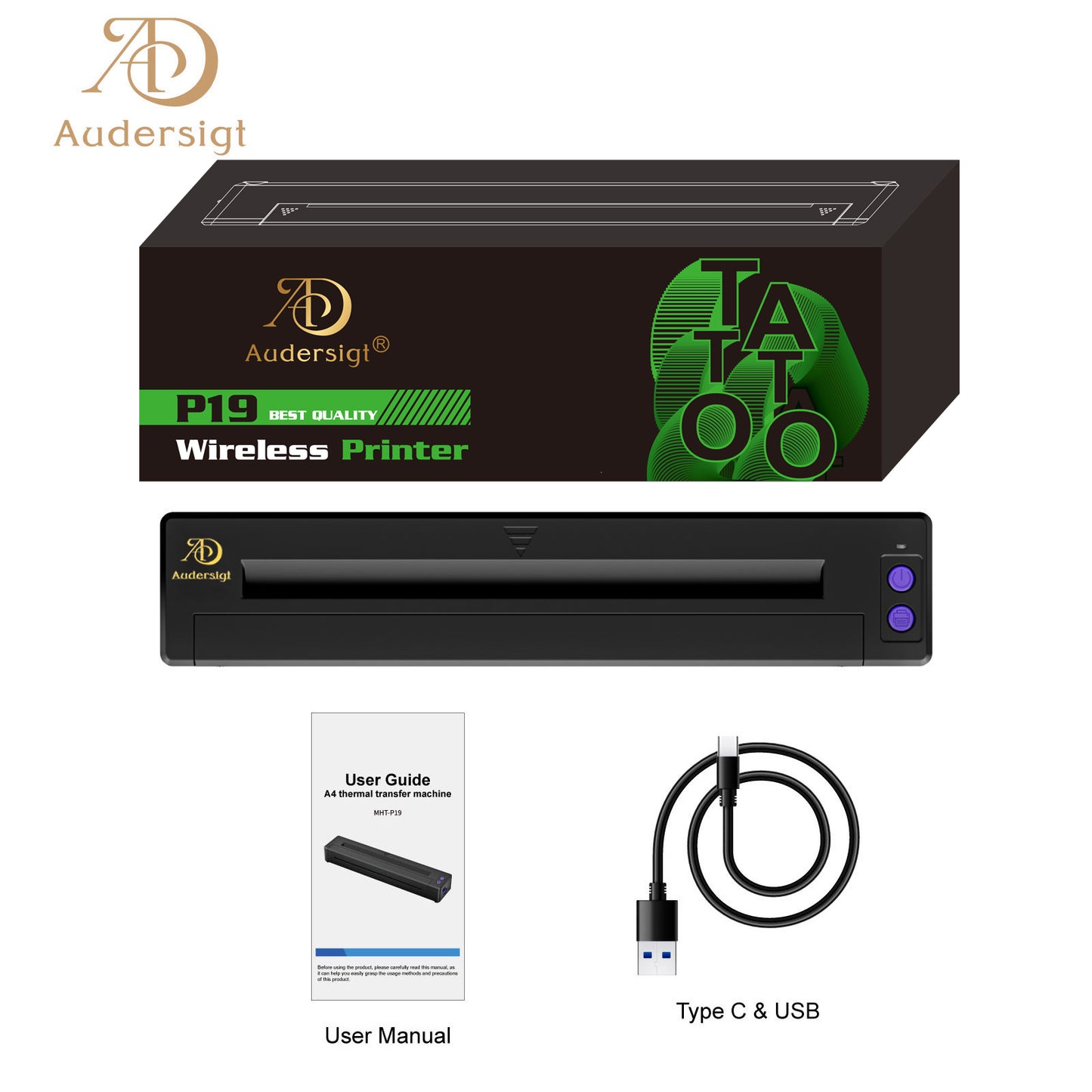 Audersigt P19 Tattoo Printer Thermal Pattern Machine Printable Shaded Image Bluetooth Wireless Printer with 2500mAh Rechargeable Battery