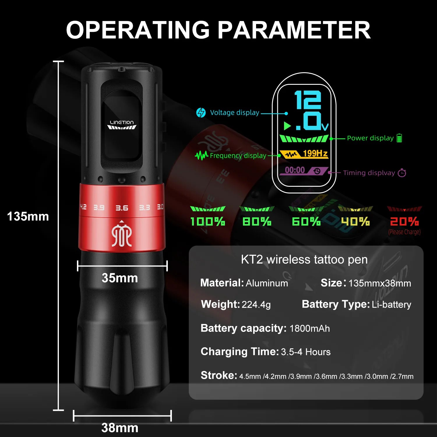 Audersigt Wireless TattooPen Machine with 1800 mAh Battery & Stroke Adjustment From 2.7~4.5 mm