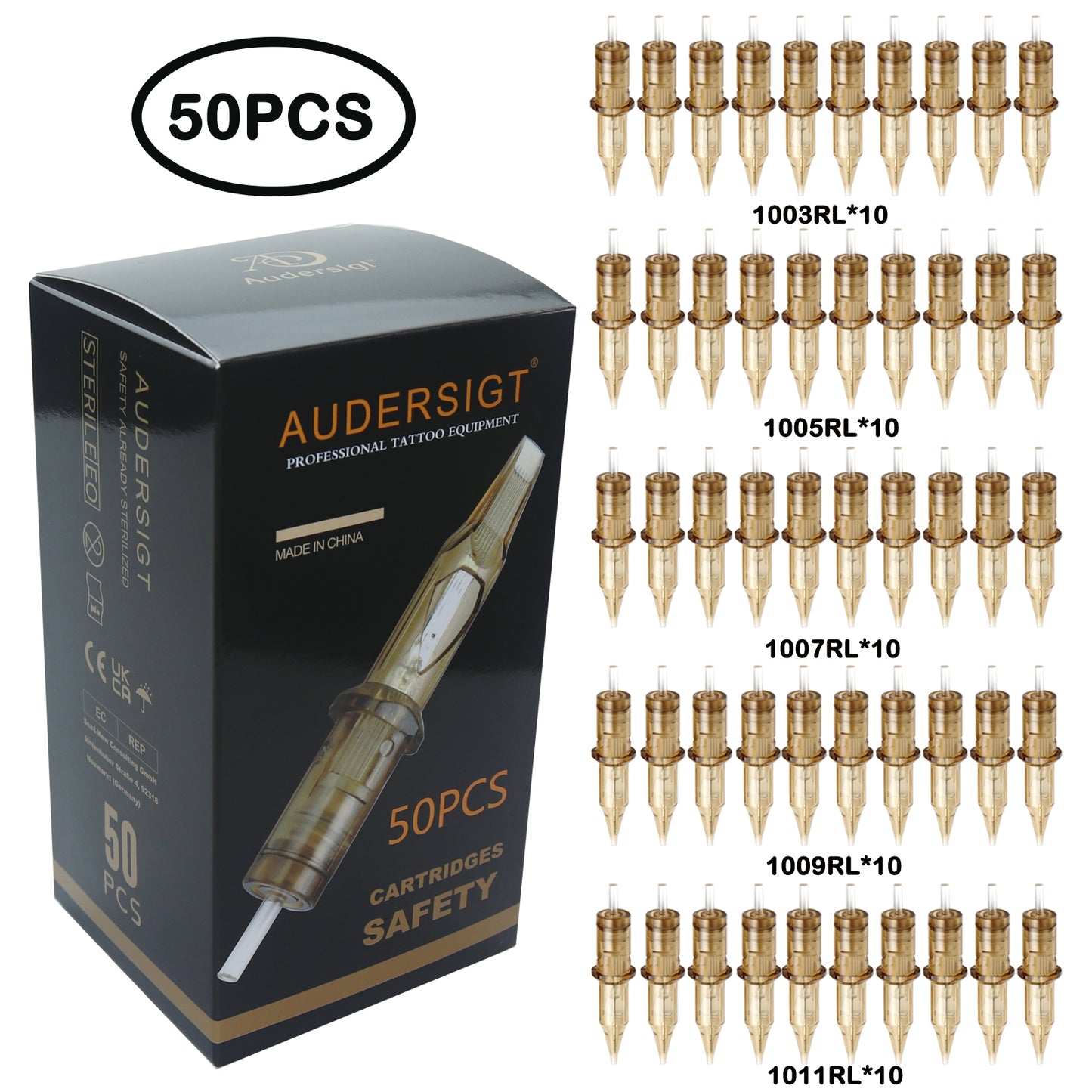 Audersigt®  SAFETY Tattoo Cartridge Needles 50PCS Mixed Size Round Liner,Round Shader,Magnum