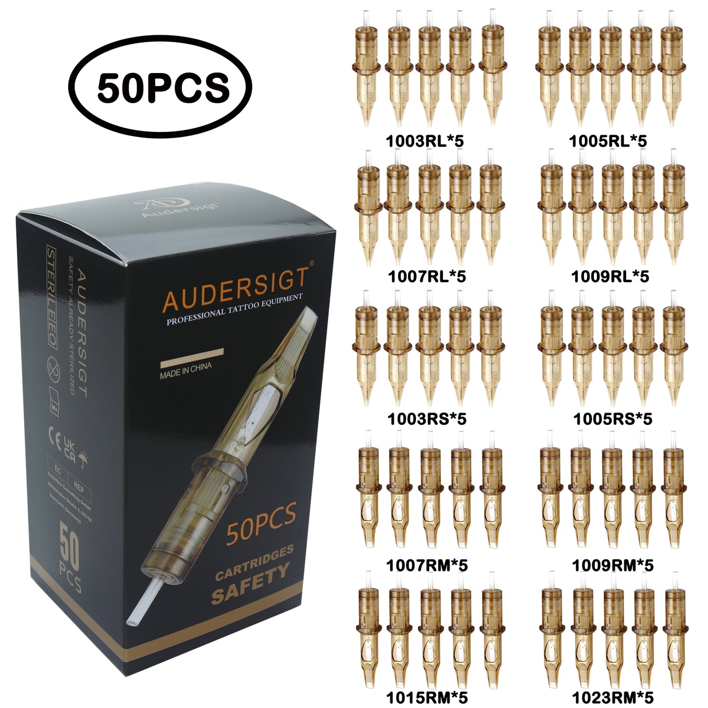 Audersigt®  SAFETY Tattoo Cartridge Needles 50PCS Mixed Size Round Liner,Round Shader,Magnum