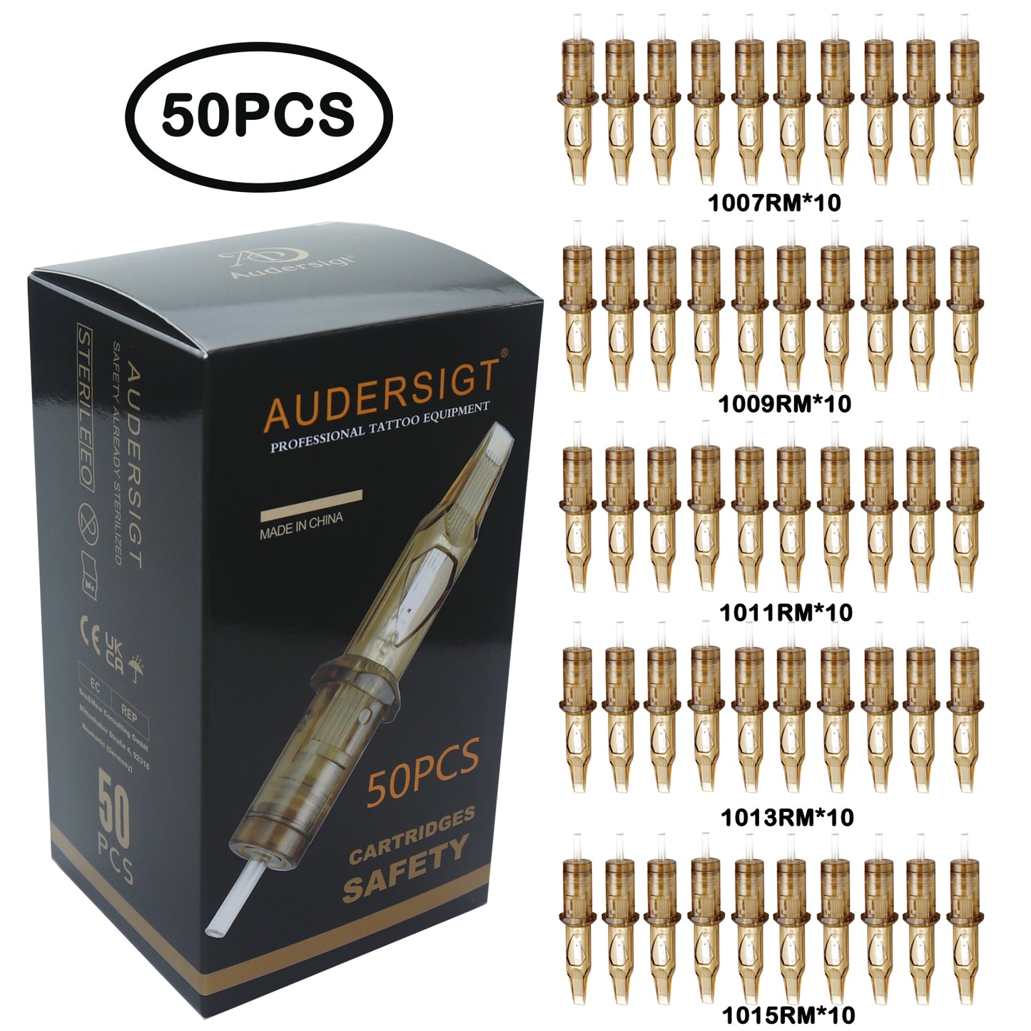 Audersigt®  SAFETY Tattoo Cartridge Needles 50PCS Mixed Size Round Liner,Round Shader,Magnum