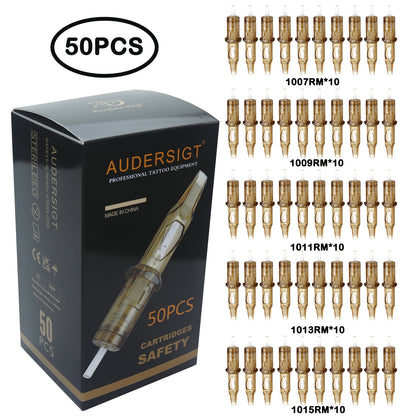 Audersigt®  SAFETY Tattoo Cartridge Needles 50PCS Mixed Size Round Liner,Round Shader,Magnum