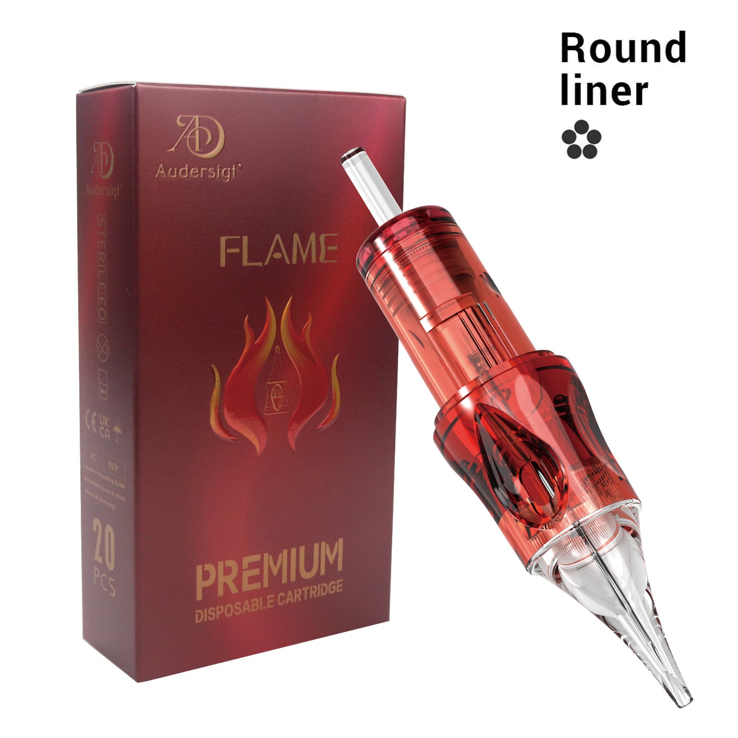 Cartuchos de agujas para tatuajes Audersigt® Premium Flame con revestimiento redondo RL, 20 unidades