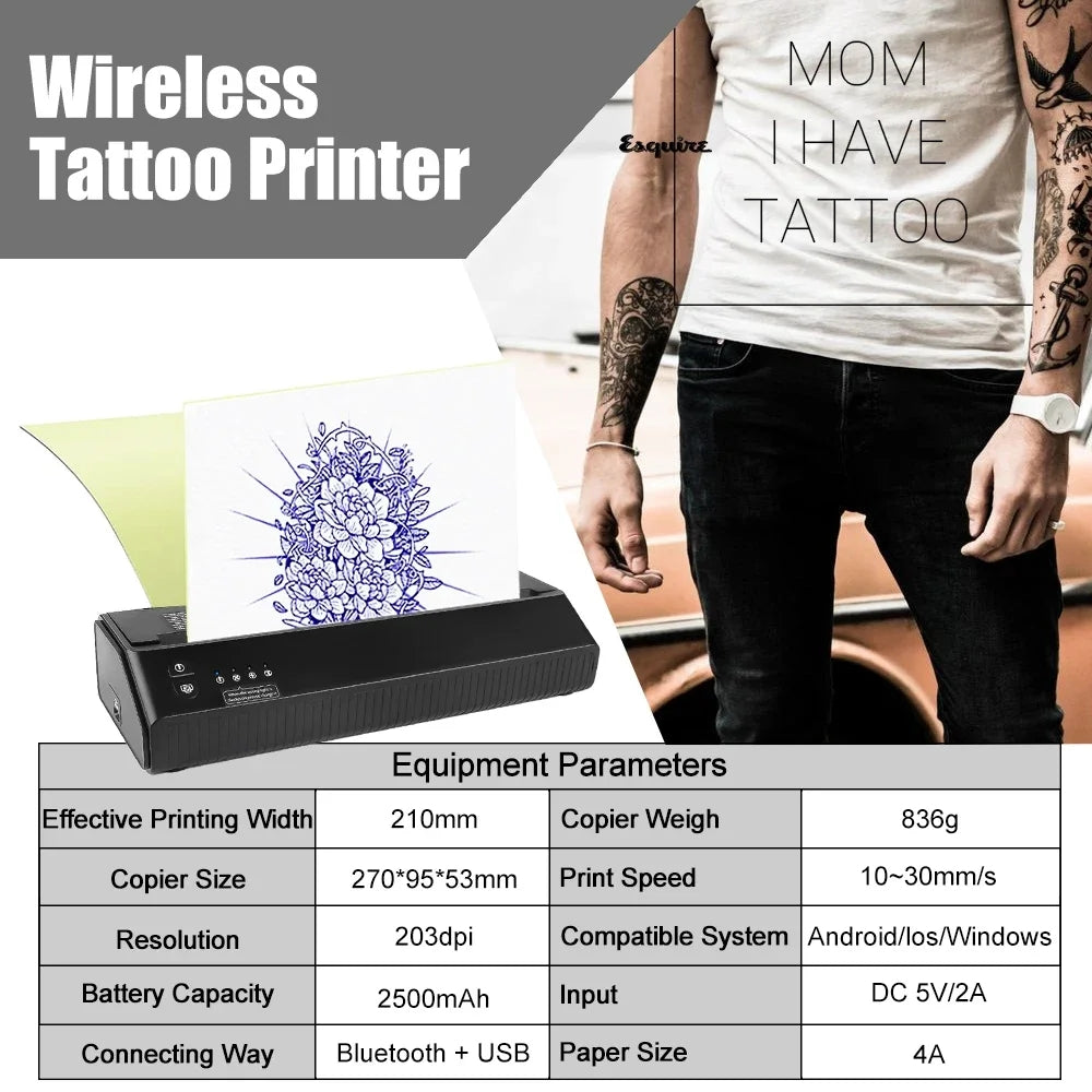 Audersigt Mini Portable Wireless Tattoo Printer Thermal Transfer Printer A4 Paper Printer Compatible with Android Ios Bluetooth USB Mobile