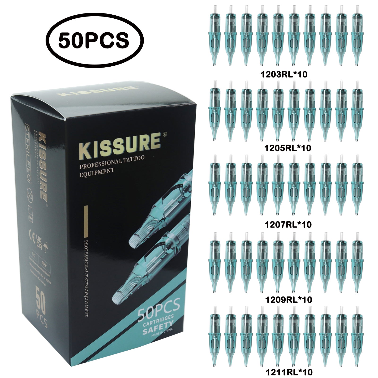 KISSURE® 50PCS Mixed Size Tattoo Cartridge Needles Round Liner,Round Shader,Magnum