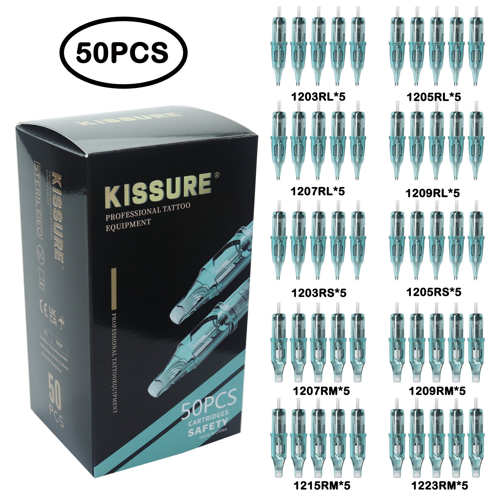 KISSURE® 50PCS Mixed Size Tattoo Cartridge Needles Round Liner,Round Shader,Magnum