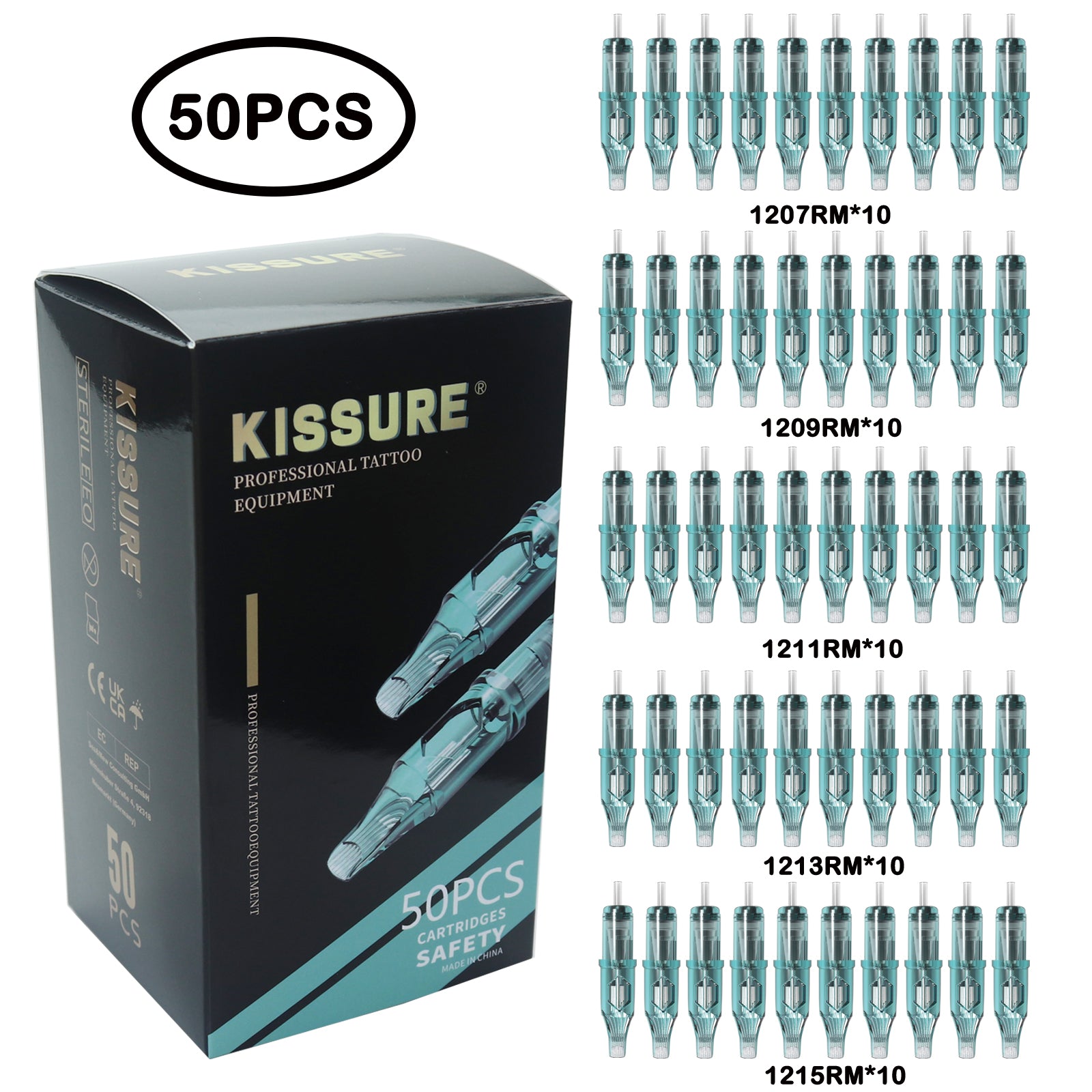 KISSURE® 50PCS Mixed Size Tattoo Cartridge Needles Round Liner,Round Shader,Magnum