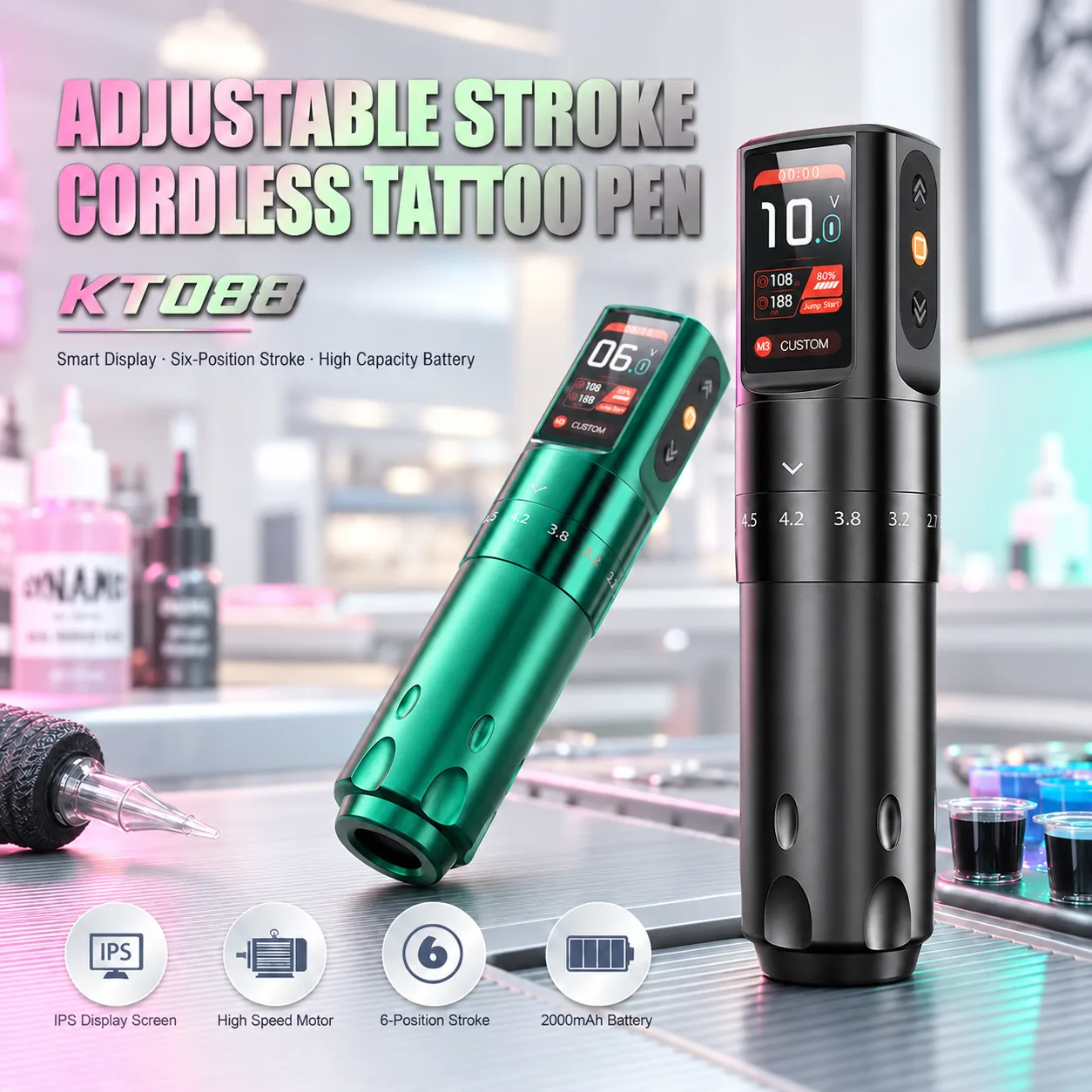 KT088 Adjustable-Stroke Wireless Tattoo Pen